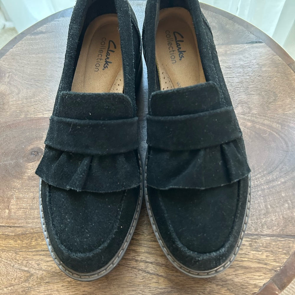 Clarks Black Suede Platform Loafers